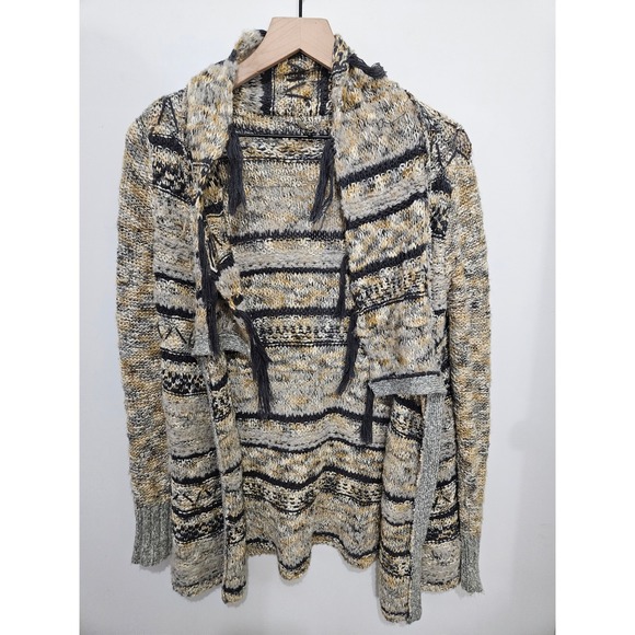 BKE Sweaters - BKE Women Hooded Open Front Cardigan Tassel Knit Sweater Grey Yellow XS